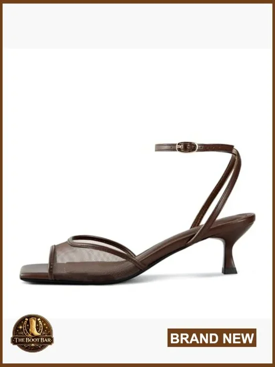 Mesh Kitten Heel Sandals Square Toe Ankle Strap Comfort Summer Dress Shoes - Picture 4 of 7